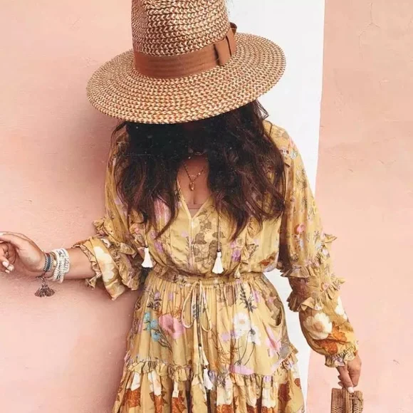 SOLD OUT Golden Floral Ruffle Fall Boho Long Sleeve Dress - Picture 7 of 12